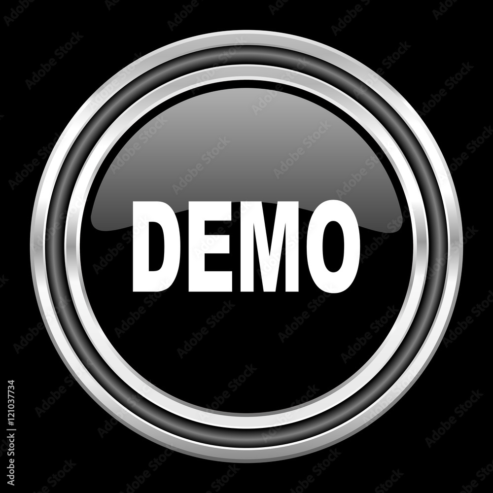 Poster demo silver chrome metallic round web icon on black background