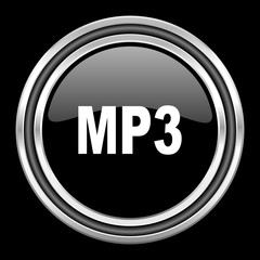 mp3 silver chrome metallic round web icon on black background