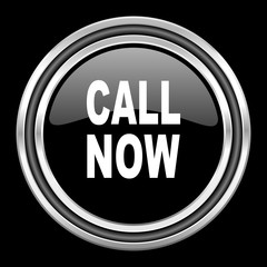 call now silver chrome metallic round web icon on black background