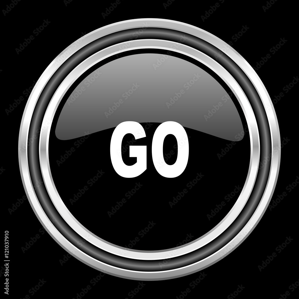 Poster go silver chrome metallic round web icon on black background