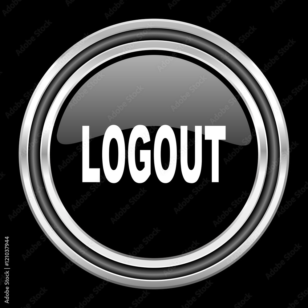 Poster logout silver chrome metallic round web icon on black background