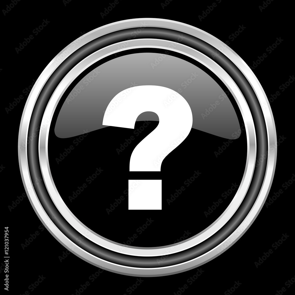 Poster question mark silver chrome metallic round web icon on black background