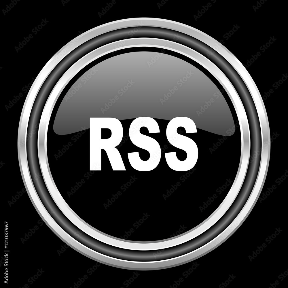 Poster rss silver chrome metallic round web icon on black background