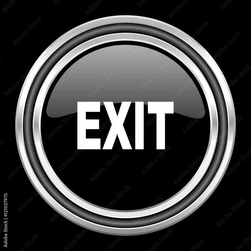 Poster exit silver chrome metallic round web icon on black background