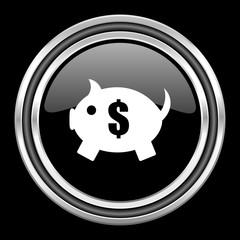 piggy bank silver chrome metallic round web icon on black background