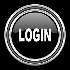 login silver chrome metallic round web icon on black background
