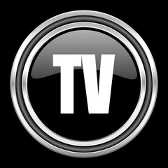 tv silver chrome metallic round web icon on black background