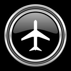 plane silver chrome metallic round web icon on black background