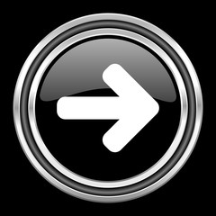 right arrow silver chrome metallic round web icon on black background