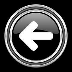 left arrow silver chrome metallic round web icon on black background