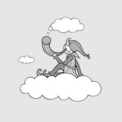 Shepherd sits on cloud and holds horn. Vector illustration of fictitious character. Black outlines. Gray fill.