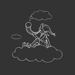 Shepherd sits on cloud and holds horn. Vector illustration of fictitious character. White outlines. Black background.