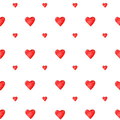 Watercolor red hearts seamless pattern on white background