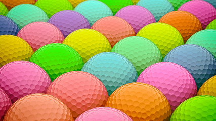 A warmly lit, vibrant array of colored golf balls.