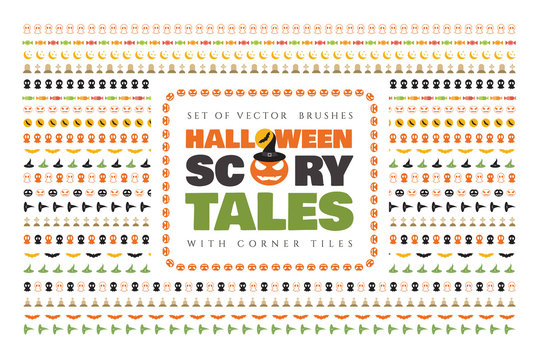 Set of halloween vector brushes with corner tiles. Scary tales.