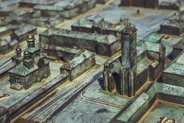 Detail of bronze miniature representation of the landmarks of Alba Carolina Citadel located in front of Reunification Cathedral in Alba Iulia.