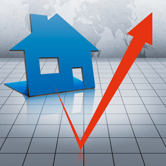 3d room with blue house and red sign of growth, Yes