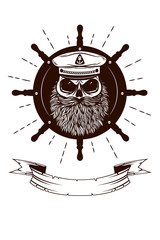 Vector skull Captain in a hat with a beard on a background of sea helm. Black and white Tattoo, Logo sailor Scull