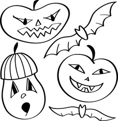 Halloween design with pumpkin and bat, pumpkin faces. Holiday elements, halloween set.