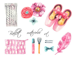 Ballet set. Pointe shoes, knitted gaiters, flowers, feather, hair clips, bows, cosmetic, lipstick, brush. Watercolor illustration on white background, mockup