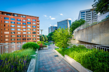 Fototapeta na wymiar Gardens along a walkway at Freedom Park and modern buildings in