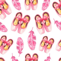 Seamless pattern with pink pointe shoes and feathers. Watercolor ballet background