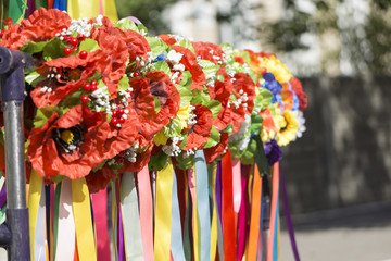 A wreath of artificial flowers