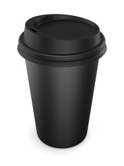 Disposable black plastic Cup with a lid. Cup for coffee. Isolate