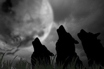 Obraz premium Wolf / Silhouette of wolves with moon at night. Digital retouch.