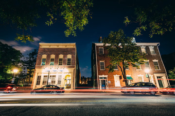 Buildings on Fairfax Street at night, in the Old Town of Alexand