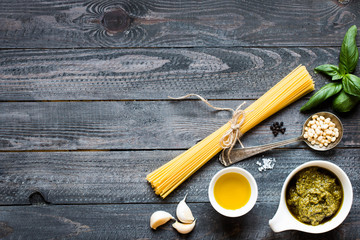 Italian pasta with pesto sauce made with basil leaf