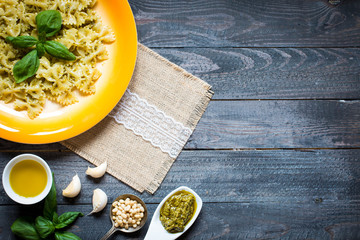 Italian pasta with pesto sauce made with basil leaf