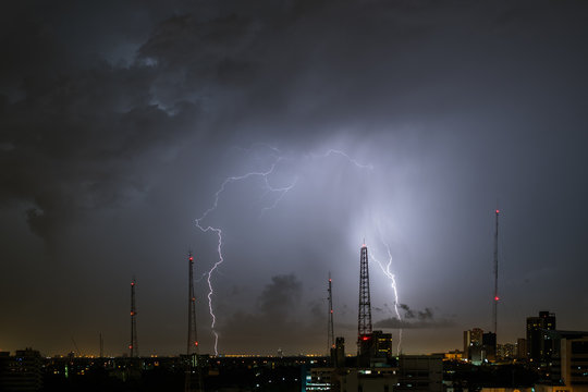 lightning storm over city
