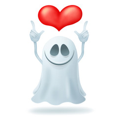 Smiley cartoon ghost character with heart