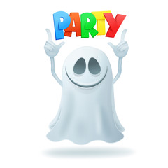 Smiley cartoon ghost character party concept card
