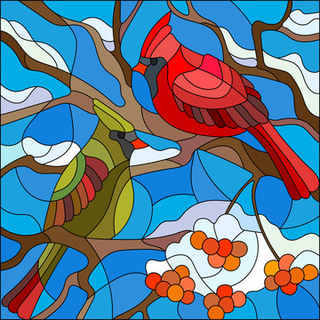 Illustration in stained glass style , pair of birds cardinals sitting on a branch of mountain ash on a background of sky and no snow