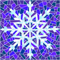 Illustration in stained glass style with snowflake in blue colors