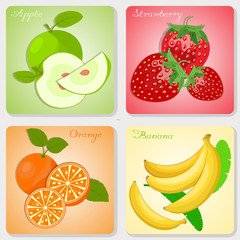 fruits top view set of apples, strawberries, oranges, and bananas,   isolated illustration
