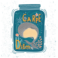 Carpe diem (lat. "seize the day"). Quote. Hand drawn vintage print with hand lettering. This illustration can be used as a print on t-shirts and bags or as a poster.