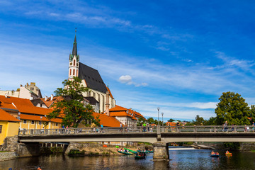 Naklejka premium Aerial view of castle and houses in Cesky Krumlov, Czech republic. UNESCO World Heritage Site.