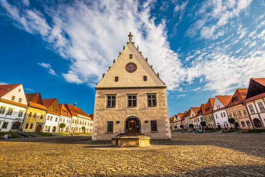 Historic city center of Bardejov with town hall.