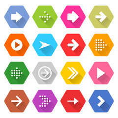 Flat arrow icon set hexagon web button