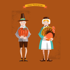 Boy and girl pilgrims with turkey and pumpkin. Thanksgiving card. 