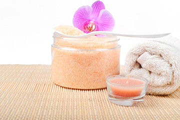Bath accessories on the bamboo top