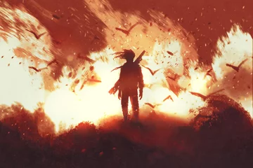 Fototapeten man with gun standing against fire background,illustration painting © grandfailure