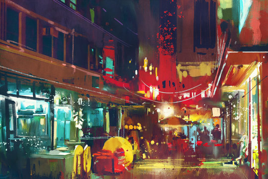 painting of colorful building and city street at night,cityscape illustration