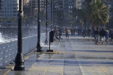 Splash of water near famous seaside Corniche, Beirut, Lebanon. Storm on the sea in Beirut, Lebanon
