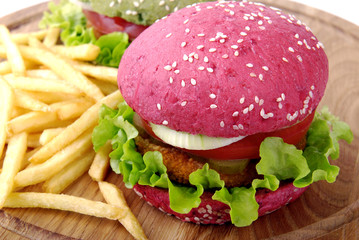 Pink hamburger and fries