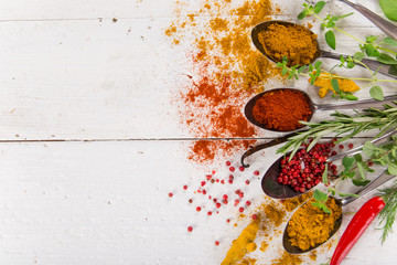 Various colorful spices on wooden table