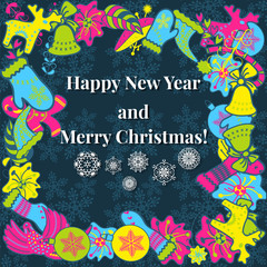 Fototapeta na wymiar Merry Christmas and Happy new year . Label for Holiday . for Invitations and Greeting Cards. Xmas Poster, Banner, Placard or Card Template. Winter Illustration with Snowflakes
